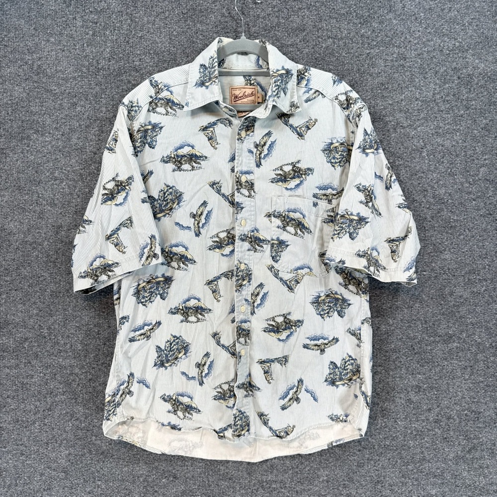 Woolrich Shirt Mens Medium Blue White Wildlife Print Cotton Button Down Casual